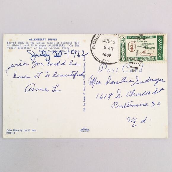 Vtg 1962 Postcard Allenberry Buffet Fairfield Hall Boiling Springs PA Restaurant - Picture 2 of 2